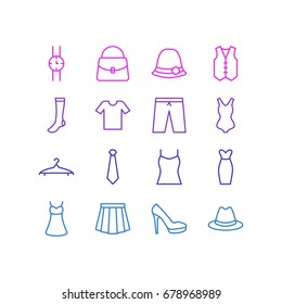 Vector Illustration Of 16 Garment Icons. Editable Pack Of Swimwear, Singlet, Hosiery And Other Elements.
