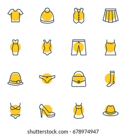 Vector Illustration Of 16 Garment Icons. Editable Pack Of Singlet, Panama, Sarafan And Other Elements.