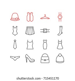 Vector Illustration Of 16 Garment Icons. Editable Pack Of Pompom, Handbag, Evening Dress Elements.