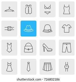 Vector Illustration Of 16 Garment Icons. Editable Pack Of Waistcoat, Panama, Cravat And Other Elements.
