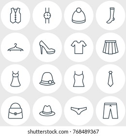 Vector Illustration Of 16 Garment Outline Icons. Editable Set Of Singlet, Hosiery, Fedora And Other Elements.