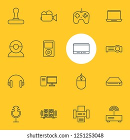 Vector illustration of 16 hardware icons line style. Editable set of hard drive, laptop, joystick and other icon elements.