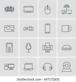 Vector Illustration Of 16 Hardware Icons. Editable Pack Of Memory Storage, Loudspeaker, Modem And Other Elements.