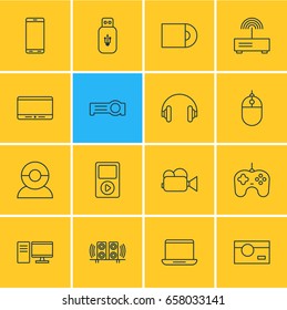 Vector Illustration Of 16 Hardware Icons. Editable Pack Of Camcorder, Computer, Floodlight And Other Elements.