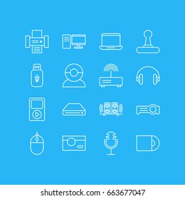 Vector Illustration Of 16 Hardware Icons. Editable Pack Of Loudspeaker, Modem, Dvd Drive And Other Elements.
