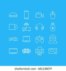 Vector Illustration Of 16 Hardware Icons. Editable Pack Of Memory Storage, Modem, Headset And Other Elements.