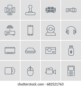 Vector Illustration Of 16 Hardware Icons. Editable Pack Of Usb Card, Game Controller, Smartphone And Other Elements.