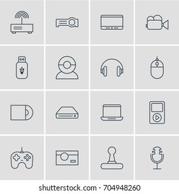 Vector Illustration Of 16 Hardware Icons. Editable Pack Of Game Controller, Cursor Controller, Joypad And Other Elements.