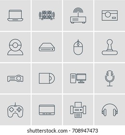 Vector Illustration Of 16 Hardware Icons. Editable Pack Of Photography, Joypad, Loudspeaker And Other Elements.