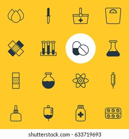 Vector Illustration Of 16 Health Icons. Editable Pack Of Vial, Antibiotic, Vaccinator And Other Elements.