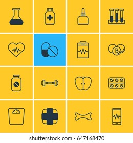 Vector Illustration Of 16 Health Icons. Editable Pack Of Aspirin, Fresh Fruit, Medicament Pitcher And Other Elements.