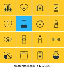 Vector Illustration Of 16 Health Icons. Editable Pack Of Experiment Flask, Band Aid, Exigency Elements.
