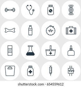 Vector Illustration Of 16 Health Icons. Editable Pack Of Pressure Gauge, Medicament Pitcher, Dumbbell And Other Elements.
