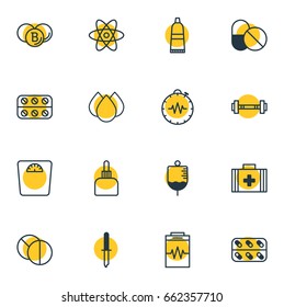 Vector Illustration Of 16 Health Icons. Editable Pack Of Pressure Gauge, Medical Bag, Medicine And Other Elements.