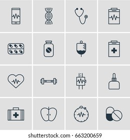 Vector Illustration Of 16 Health Icons. Editable Pack Of Pressure Gauge, Fresh Fruit, Medicament Pitcher And Other Elements.