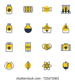Vector Illustration Of 16 Health Icons. Editable Pack Of Vial, Medicine Jar, Medicament Pitcher And Other Elements.