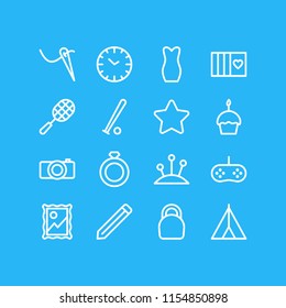 Vector illustration of 16 hobby icons line style. Editable set of cupcake, pencil, camera and other icon elements.