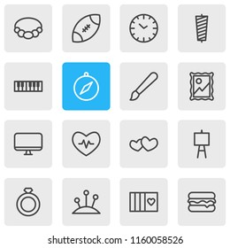 Vector illustration of 16 hobby icons line style. Editable set of rugby, heartbeat, compass and other icon elements.