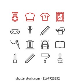 Vector illustration of 16 hobby icons line style. Editable set of picture, dart, graphite and other icon elements.