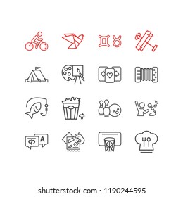 Vector illustration of 16 hobby icons line style. Editable set of camping tent, astrology, playing cards and other icon elements.