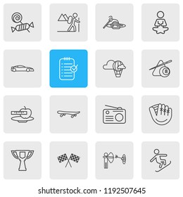 Vector illustration of 16 hobby icons line style. Editable set of archery, hot air balloon, snowboard and other icon elements.