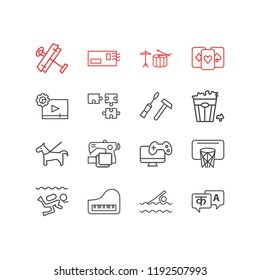 Vector illustration of 16 hobby icons line style. Editable set of drums, postcrossing, basketball and other icon elements.