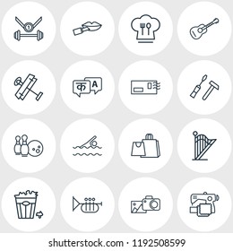 Vector illustration of 16 hobby icons line style. Editable set of make up, shopping, guitar and other icon elements.