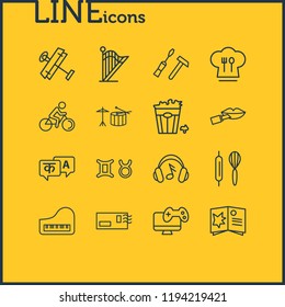 Vector illustration of 16 hobby icons line style. Editable set of popcorn, astrology, aeromodeling and other icon elements.