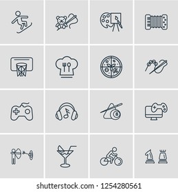 Vector illustration of 16 hobby icons line style. Editable set of basketball, billiard, accordion and other icon elements.