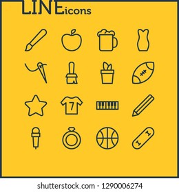 Vector illustration of 16 hobby icons line style. Editable set of apple, brush, ring and other icon elements.