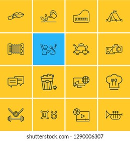 Vector illustration of 16 hobby icons line style. Editable set of piano, popcorn, trumpet and other icon elements.