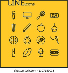 Vector illustration of 16 hobby icons line style. Editable set of ring, tennis, sewing and other icon elements.