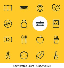 Vector illustration of 16 hobby icons line style. Editable set of melody, book, rugby and other icon elements.