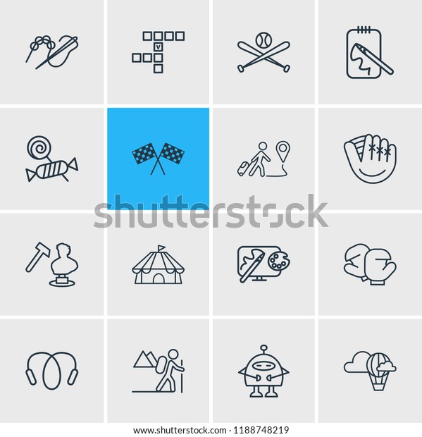 Vector\
illustration of 16 hobby icons line style. Editable set of racing\
flags, cirque, hiking and other icon\
elements.