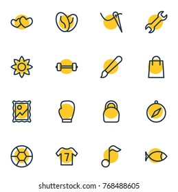 Vector Illustration Of 16 Hobby Outline Icons. Editable Set Of Seafood, Weight, Quaver And Other Elements.