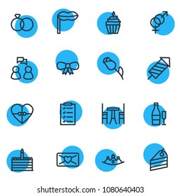 Vector illustration of 16 holiday icons line style. Editable set of heart gift, crown, conversation and other icon elements.