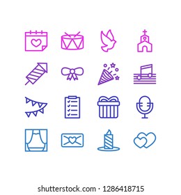 Vector illustration of 16 holiday icons line style. Editable set of calendar, gift, dove and other icon elements.