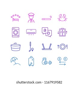 Vector illustration of 16 hotel icons line style. Editable set of exercise equipment, sauna, feedback and other icon elements.