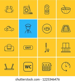 Vector illustration of 16 hotel icons line style. Editable set of check out time, laundry, crab and other icon elements.