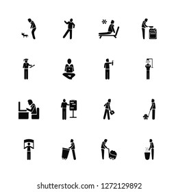 Vector Illustration Of 16 Icons. Editable Pack Man and Dog, wirth Carry, Carry Garbage, with Banner, Cutting Lawn, Prune Hedge, Stick Graduated