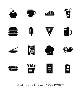 Vector Illustration Of 16 Icons. Editable Pack Cupcake with Cherry, Menu Card, French Fries Box, Long sandwich, Spaghetti Bolognese, Open Menu, Complete Hamburger