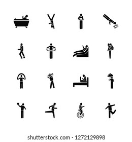 Vector Illustration Of 16 Icons. Editable Pack Man Bathing, Cycling, Stick Jumping, with Flag, Umbrella, Running, Skating, Rope Laying In Bed