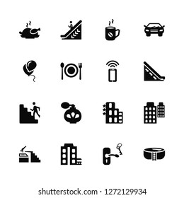 Vector Illustration Of 16 Icons. Editable Pack Meal, Room key, Building, Swimming pool, Balloon, Stairs, Wifi