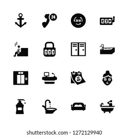 Vector Illustration Of 16 Icons. Editable Pack Anchor, Bed, Faucet, Lotion, Face mask, Bathtub, Sauna, Elevator, Lockers