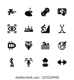 Vector Illustration Of 16 Icons. Editable Pack Paintball, Cooking, Singing, Warming up, Travelling, Gym, Cleaning, Rafting, Hiking