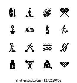 Vector Illustration Of 16 Icons. Editable Pack Surfboard, Camping tent, Workout, Vitamin, Canoe, Billiard, Gardening, Aerobic, Water bottle
