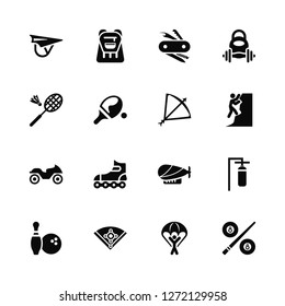 Vector Illustration Of 16 Icons. Editable Pack Hang glider, Parachuting, Baseball field, Bowling, Punching bag, Billiard, Badminton, Quad, Archery