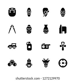 Vector Illustration Of 16 Icons. Editable Pack African drum, Giraffe, Backpack, Binoculars, Ankh, Compass, Spear, Car, Pottery