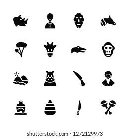 Vector Illustration Of 16 Icons. Editable Pack Rhino, Knife, Canteen, Hut, African, Maraca, Marula, River, Crocodile