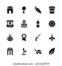 Vector Illustration Of 16 Icons. Editable Pack Barn, Lawn mower, Sprout, Warehouse, Bee, Leaf, Well, Ladybug, Milk bottle